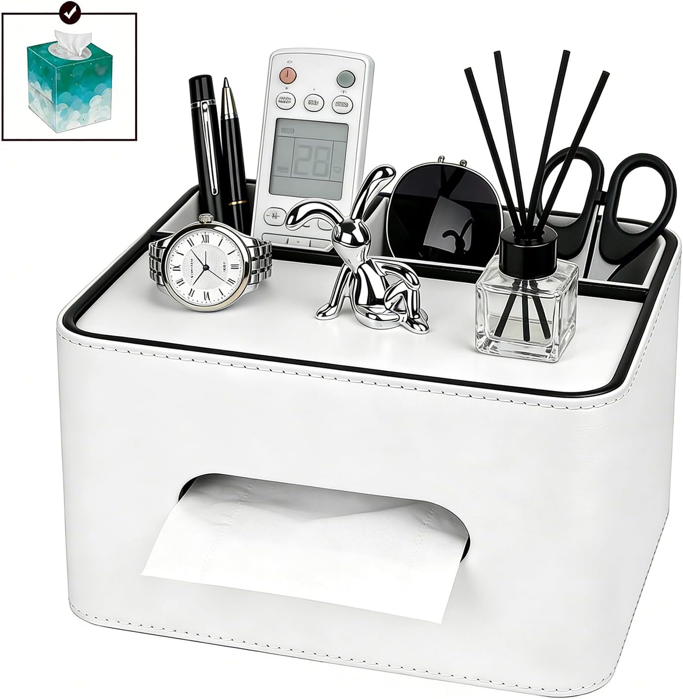 PU Leather Tissue Box Cover Square, Multifunctional Holder with Storage
