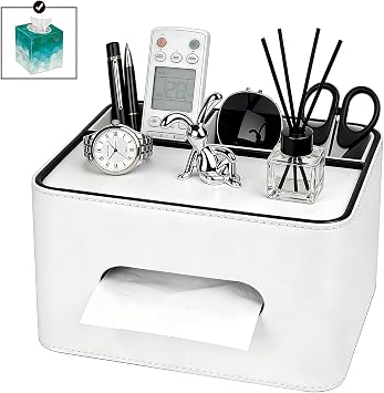 PU Leather Tissue Box Cover Square, Multifunctional Holder with Storage