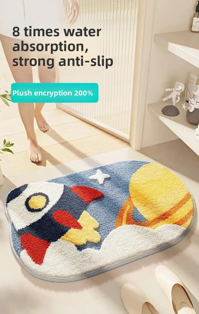 Tapis De Bain Moelleux sur Le Thème De l'espace. Tapis De Bain 3D Motif Planète, en Microfibre Floquée Ultra Douce, Antidérapant Et Absorbant(Galaxy Bus,50x80cm)