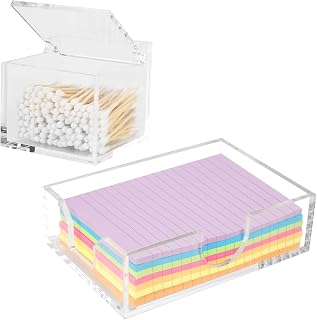 Qtip Holder with Lid Cotton Balls Swab Organizer Acrylic Cotton Square Pads Holder, 4x6 Acrylic Memo Holder Desk Memo Pad Holder, Clear Sticky Note Holder Dispenser 4x6 Acrylic Notepad Holder