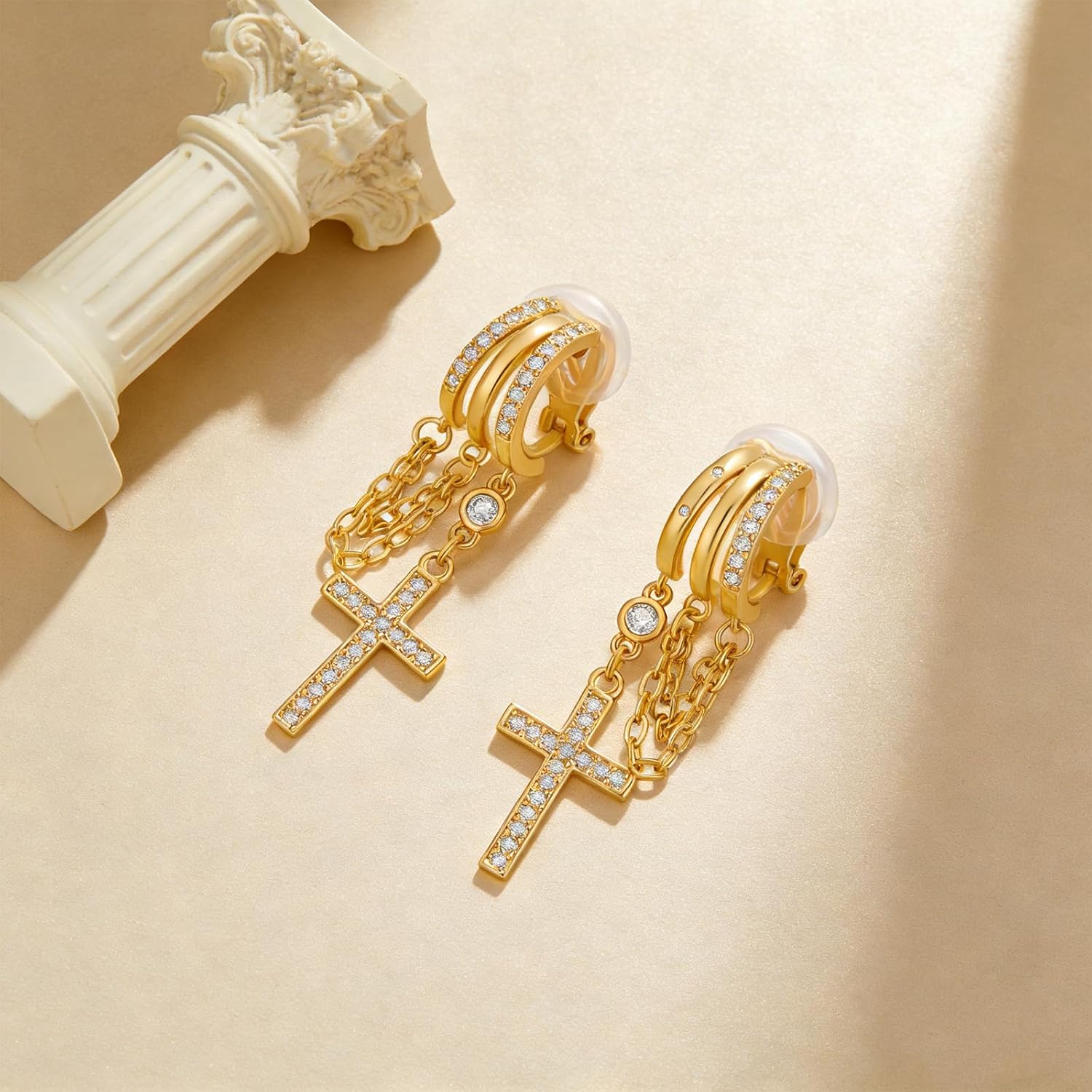 Clip on Dangle Earrings for Women Triple Huggie Hoop Clips 14k Gold Plated Cute Drop Statement Chain Earring Lightweight Non-Pierced Jewelry Gifts - Image 7