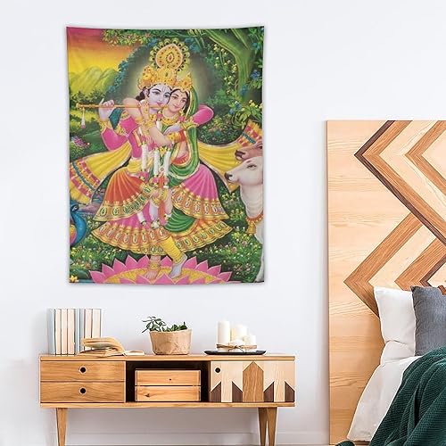 Miniatura 4 de Hinduismo Dios Decoración Religión Tapiz Krishna y Radha Tapiz decorativo Pintura decorativa de poliéster arte de pared de sala de estar, tapices de
