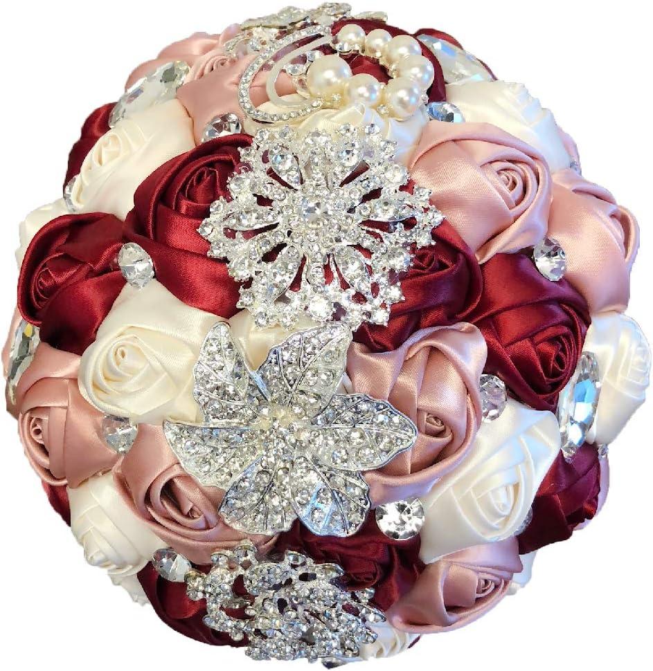 Abbie Home Luxury Bridal Wedding Bouquet, Burgundy Blush Pink Rose Brooch Bouquet Decorated with Pearls and Rhinestone Jewery Accessories - (Blush + Burgundy +Creamy)