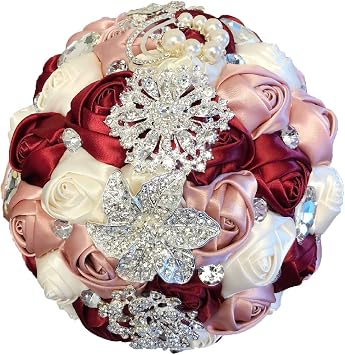 Abbie Home Luxury Bridal Wedding Bouquet, Burgundy Blush Pink Rose Brooch Bouquet Decorated with Pearls and Rhinestone Jewery Accessories - Blush + Burgundy +Creamy