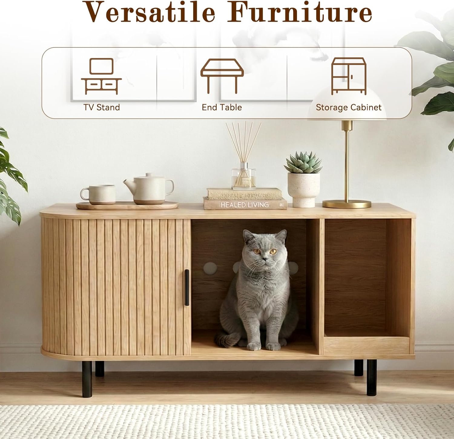 Cat Litter Box Enclosure Furniture with Scratching Pad, Hidden Litter Cabinet (Wood)