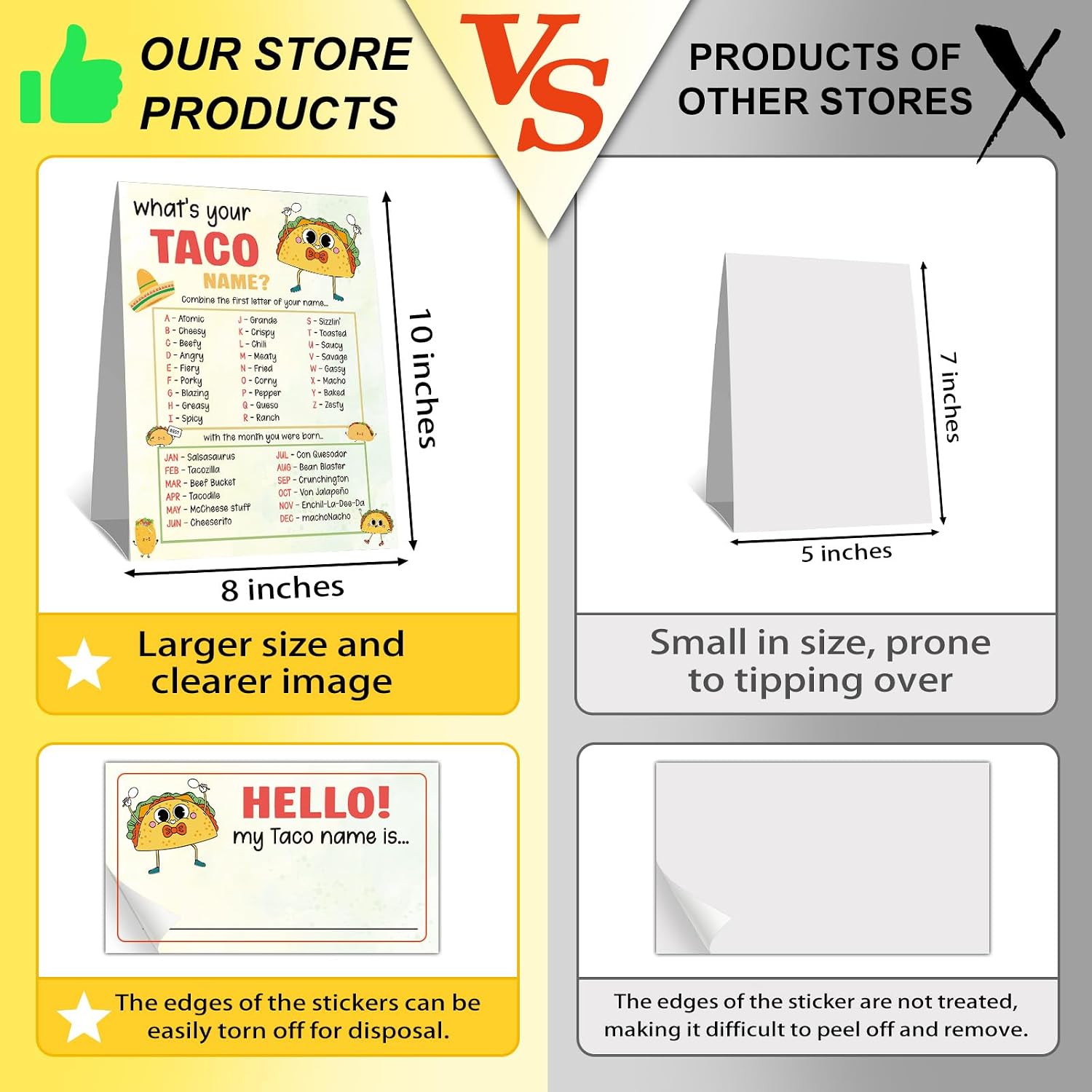 Taco Party Game Cards Set, What is Your Taco Name Game Card, Birthday Party Activities for Boys Girls, 1 Taco Name Game Double Sided Sign and 30 Name Stickers, Taco Birthday Party Games Decors-A17 image 3