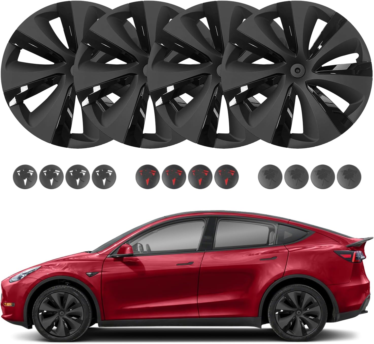 PM Auto Set of 4 Wheel Covers Storm Hubcaps Black Gray for 2020-2025 Tesla Y 19 inch
