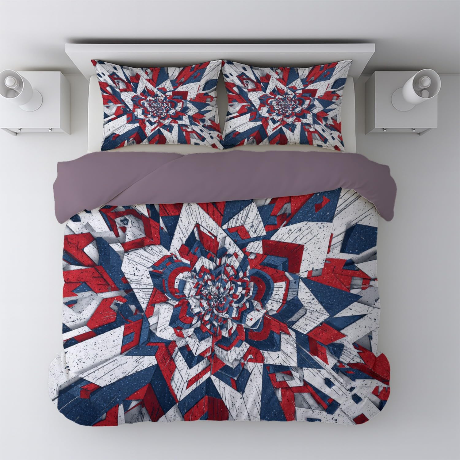 Zestaw poszewek na kołdrę Anti-Shrink Duvet Cover zawiera 2 poszewki na poduszki 80 x 80 cm i 1 kołdrę 180 x 200 cm, niebieski czerwony geometryczny trójwymiarowy abstrakcyjny