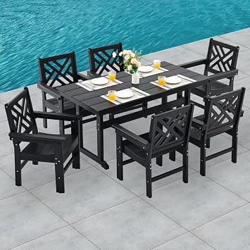 HDPE Dining Table Set for 6,7-Piece Outdoor Table and Chairs Include 6 Dining Chairs and 62.5" Patio Dining Table with Umbrella Hole Black
