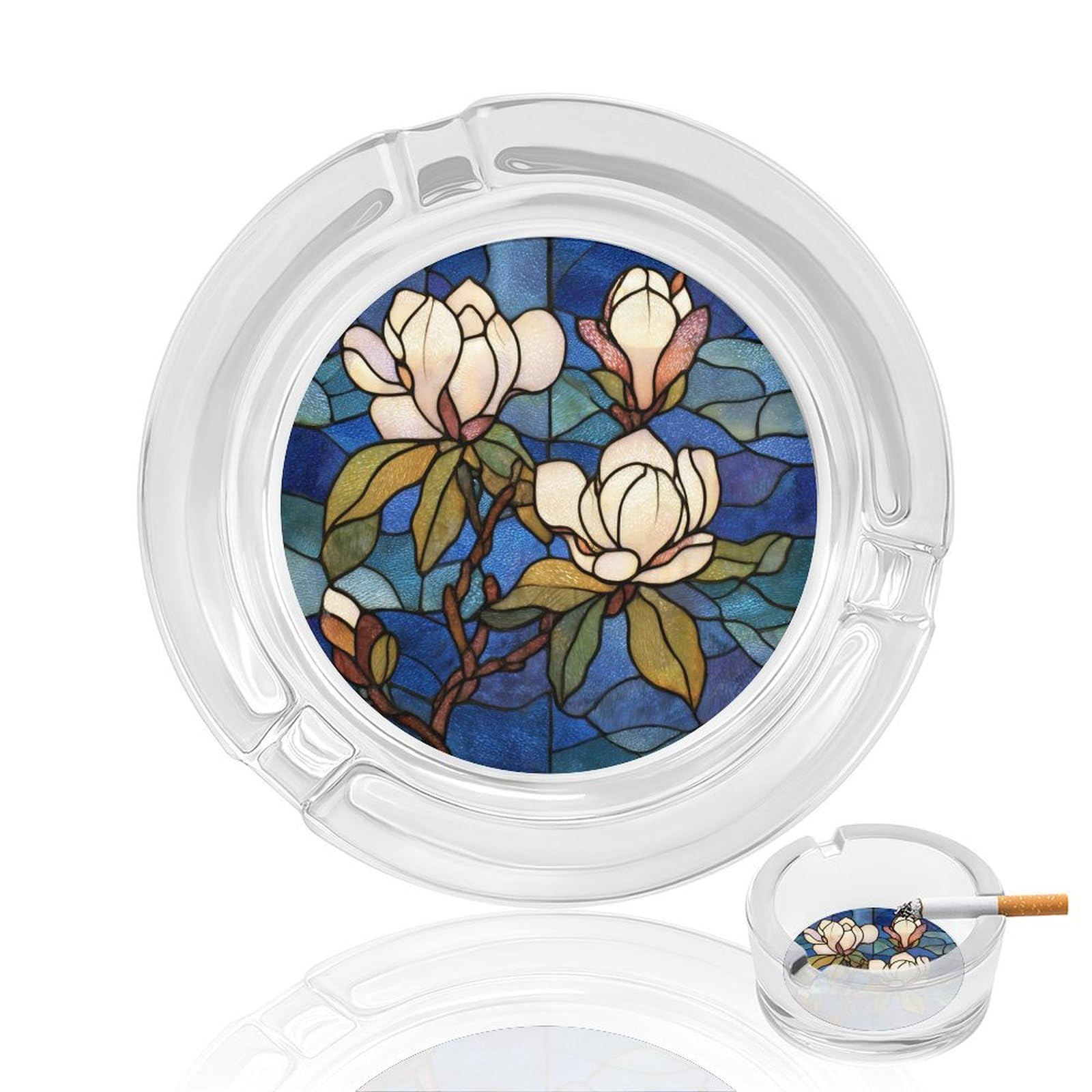 Southern Magnolia Tree Stained Glass Glass Ashtray for Cigarettes Portable Decorative Ash Trays for Home Office Decor
