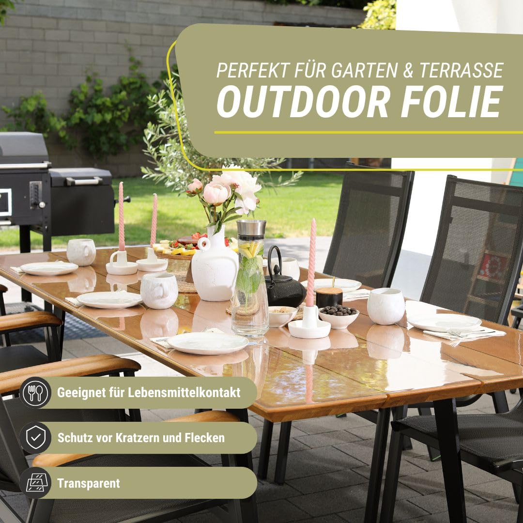 PROFOLIO Outdoor Tischfolie Transparent & Wetterfest - UV-beständige Tischschutzfolie mit 1mm Stärke - Für Garten, Balkon & Terrasse - Rechteckig 100 x 210cm - Tischfolie nach Maß
