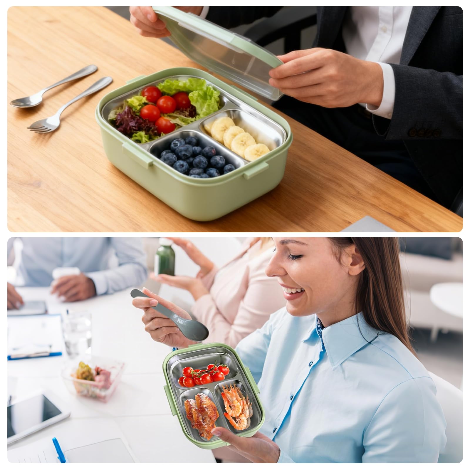 Porta Pranzo con 3 Scomparti e Cucchiaio, Lunch Box in Acciaio Inox Senza BPA, Bento Box per Scuola e Lavoro, Porta Merenda per Bambini e Adulti