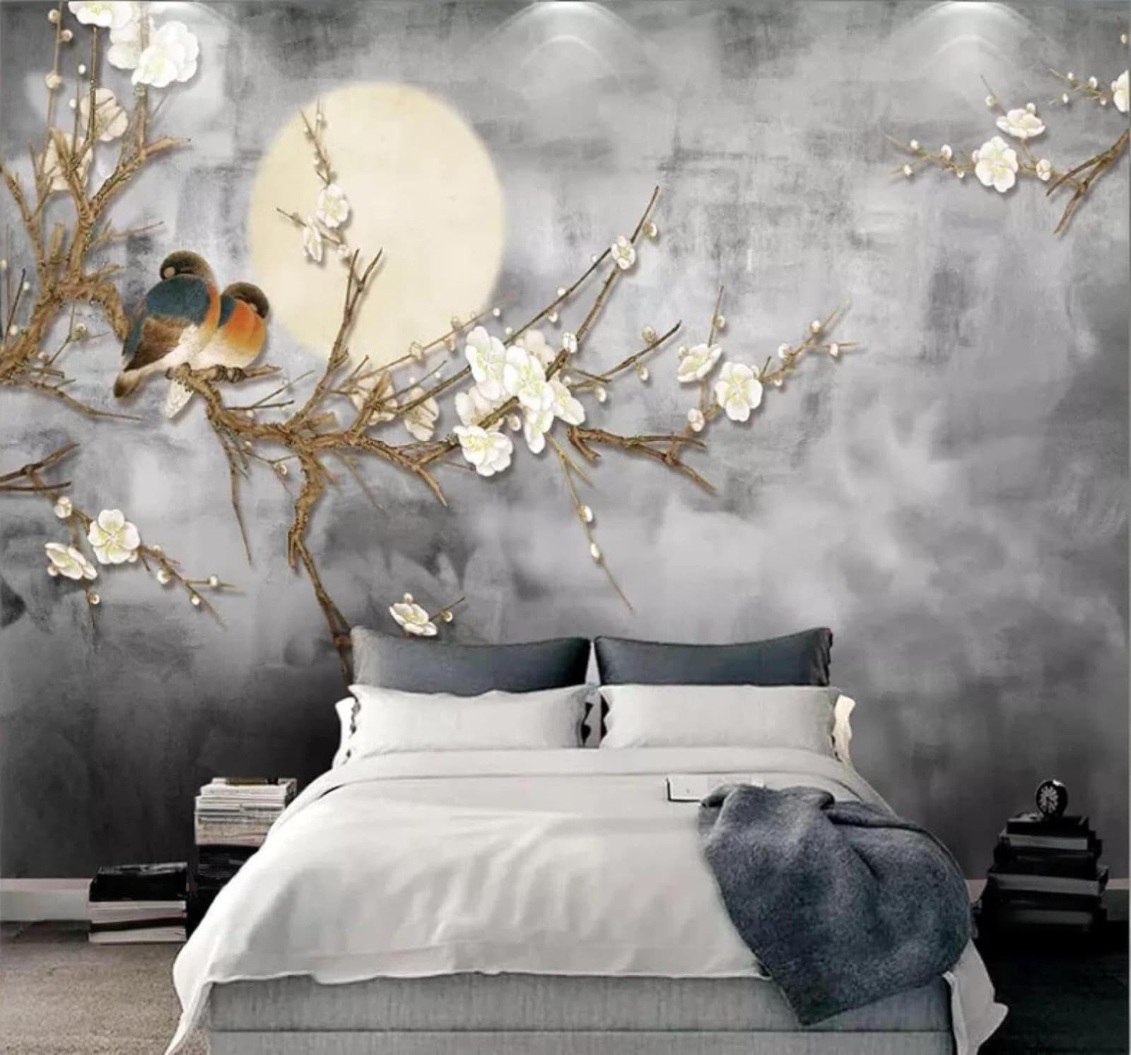 Retro Simple Flowers and Birds Moon Landscape 3D Wallpaper Easy Install Feature Office Living Room Sofa Bedroom TV Background Wall Decoration-250cm×170cm
