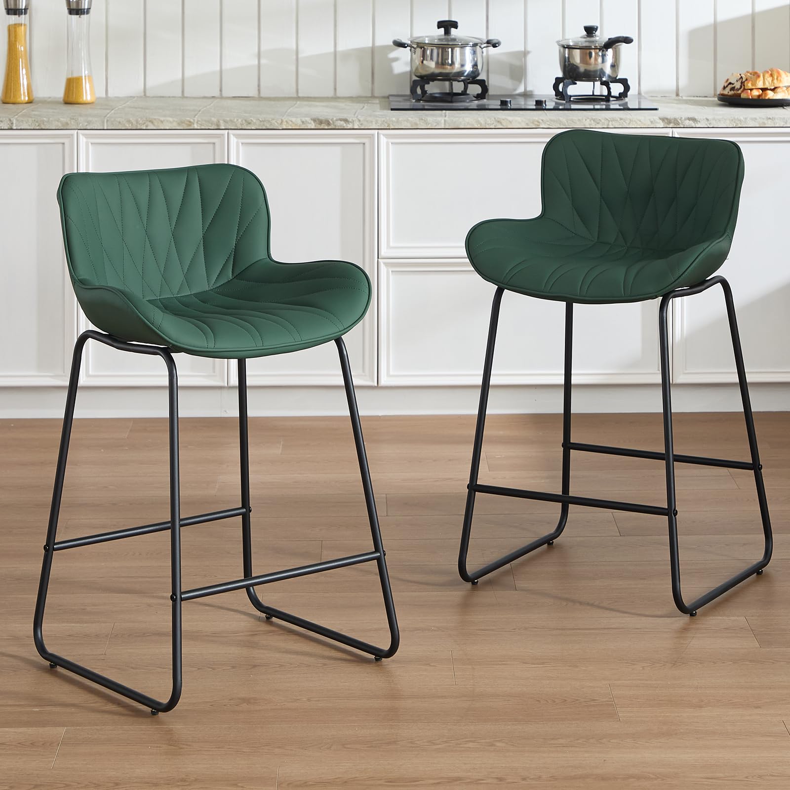 chairus Juego de 2 Taburetes de Bar de Cuero PU Sillas Altas de Estilo Industrial,Taburetes Altos con Respaldo Silla de Isla de Cocina con Patas Metálicas para Barra/Cafetería, Verde