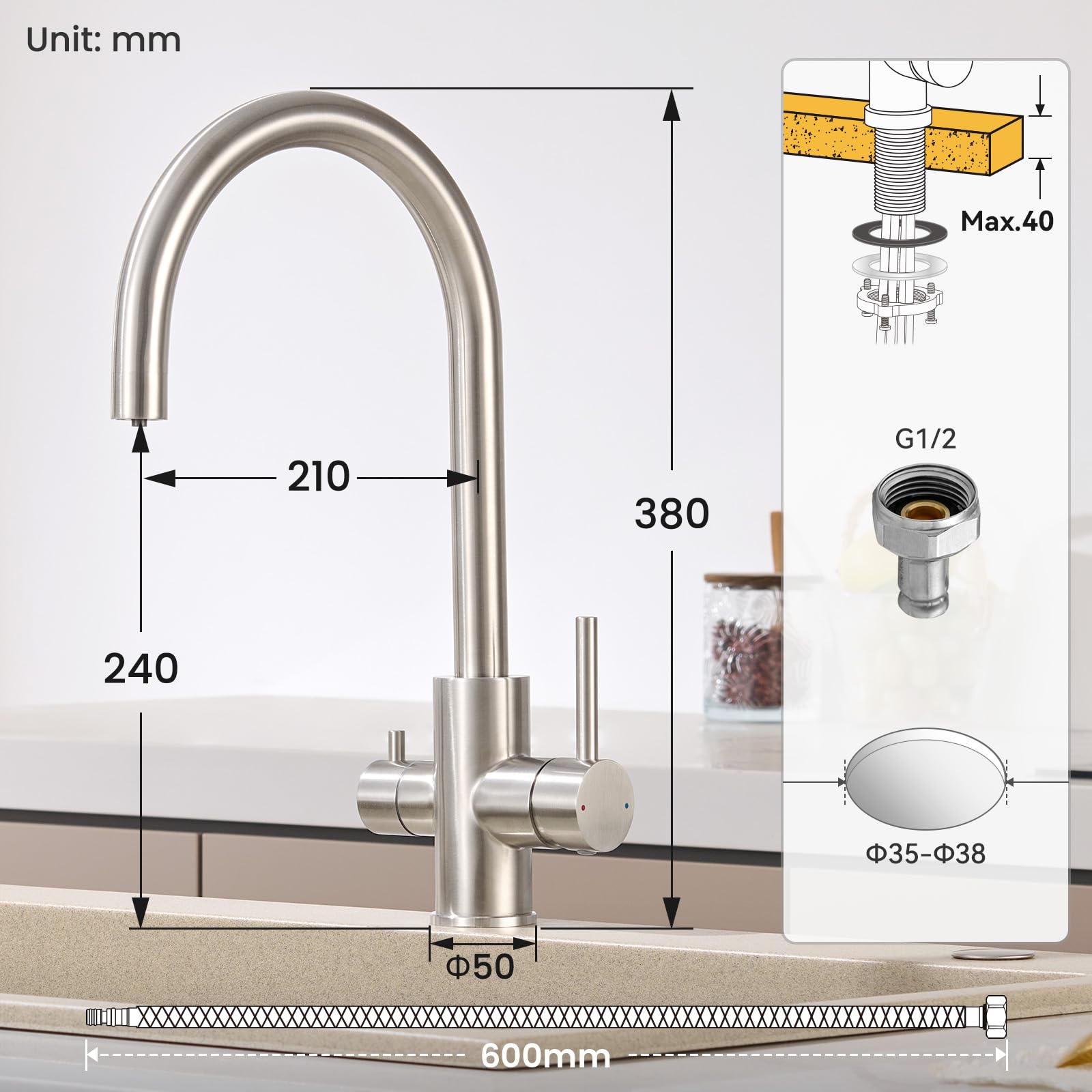 CECIPA Grifo Cocina 3 Vías Acero Inoxidable Purificador Agua Filtrada | Grifo cocina 3 vías acero inoxidable 304 con agua filtrada, válvula cerámica, aerador ABS, rotación 360, ahorro de agua