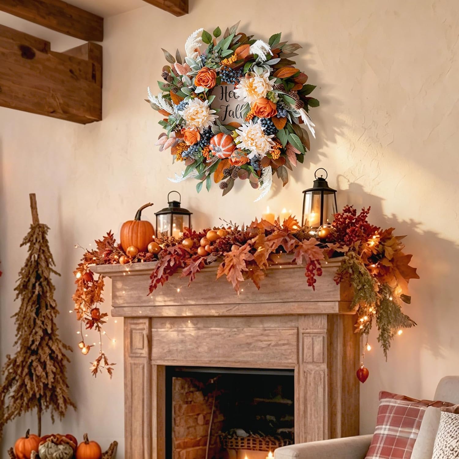 24 Inch Harvest Fall Wreaths for Front Door Outside with Hello Fall Sign | Artificial Autumn Leaf Wreaths with Orange Austin Roses & Dahlias, Realistic Thanksgiving & Halloween Farmhouse Home Decor