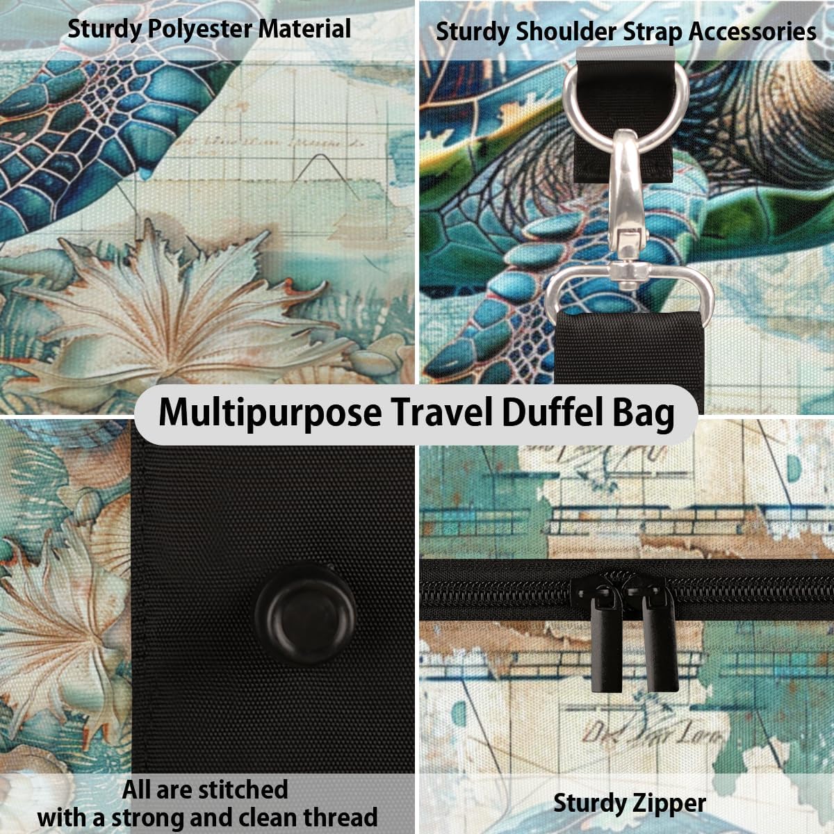 Sea Turtle Maps Travel Duffel Bag for Women Men Large Capacity Overnight Weekender Bags for Lightweight Waterproof Sport Gym Bag for Workout Yoga Swim