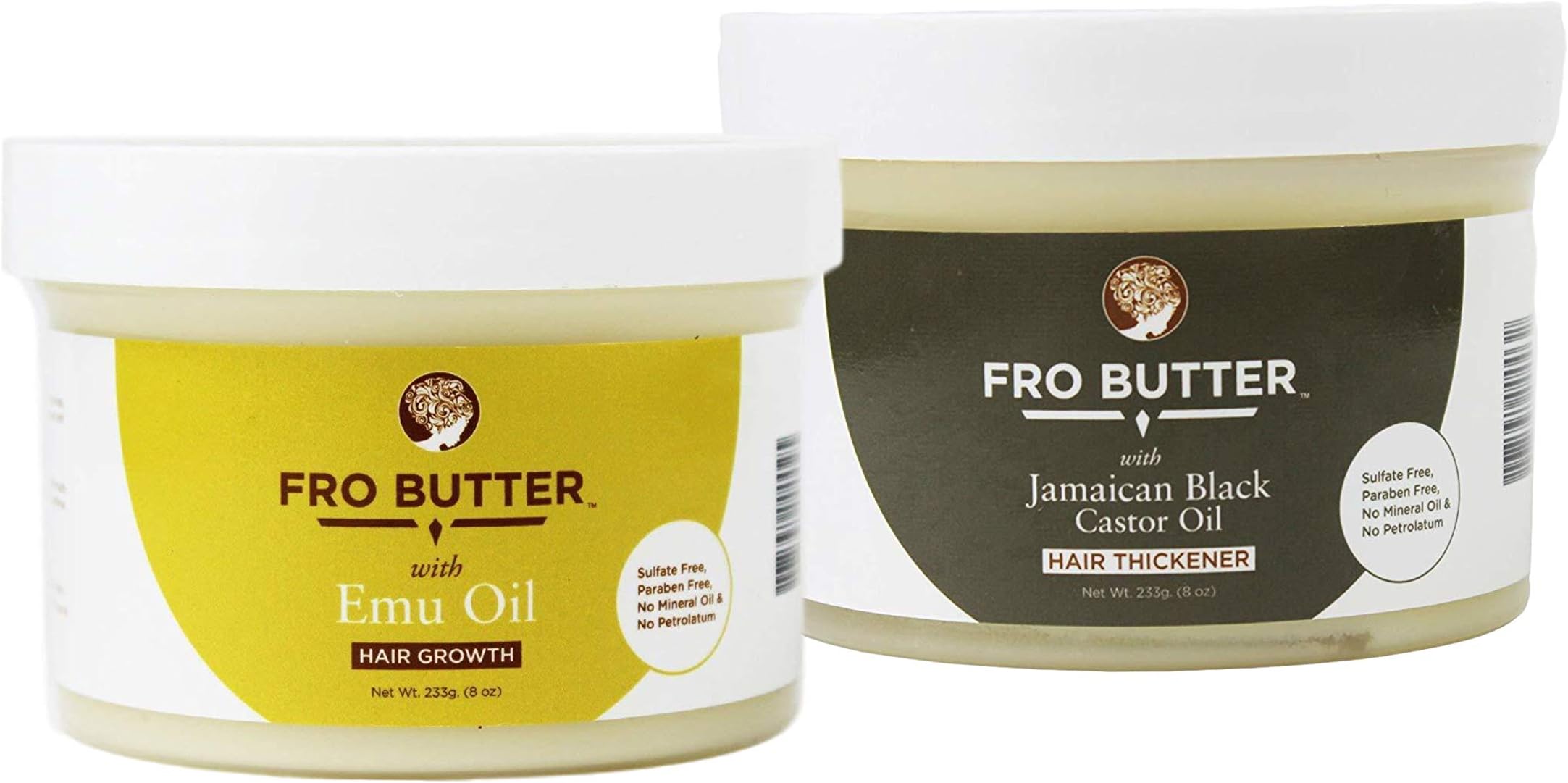 Fro Butter with Jamaican Black Castor Oil Hair Thickener and Fro Butter with Emu Oil Hair Growth Bundle – Hair Care and Treatment Products — 2 x 8 oz (233g)