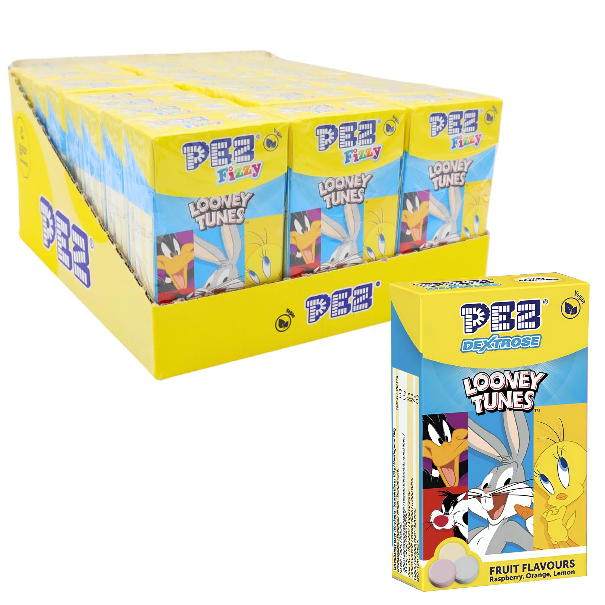 PEZ Looney Tunes Fizzy Strawberry & Apple Flavoured Retro Sweets, Flip Top Box, 30 g (Pack of 24)