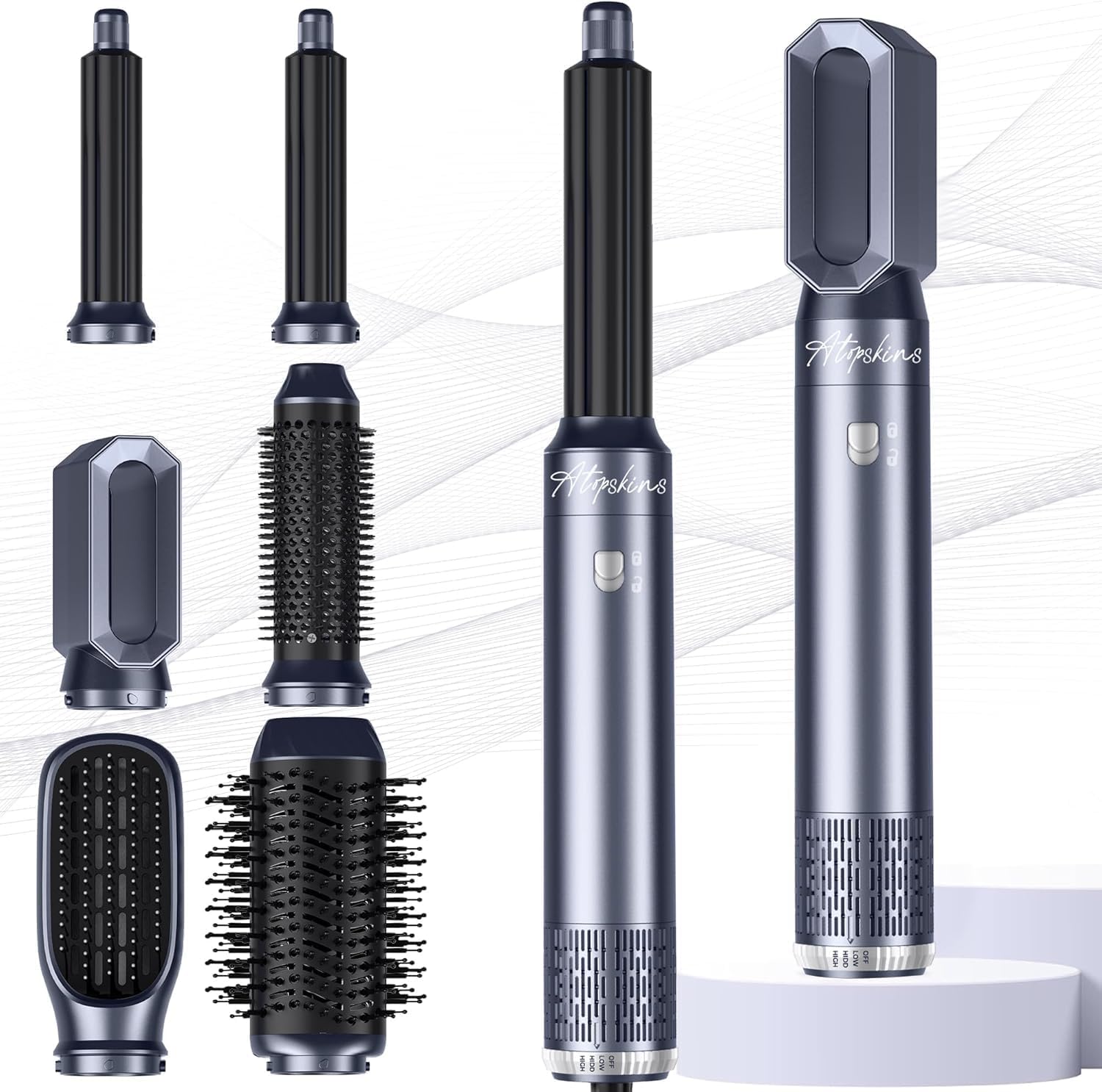 Atopskins 6 in 1 Hair Dryer Brush Hot Air Styler Detachable for Travel, Blow Dryer 3 Heat Settings to Straighten, Auto Curl, Volumize Home Salon Results Frizz-Free Shine All Hair Types (Blue)