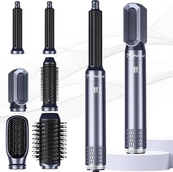 Atopskins 6 in 1 Hair Dryer Brush Set, 1000W Hot Air Styler with 2 Auto-Wrap Curlers, Negative Ion Blowout Brush for Drying, Straightening & Volumizing, Anti-Frizz Multi Styler, Blue