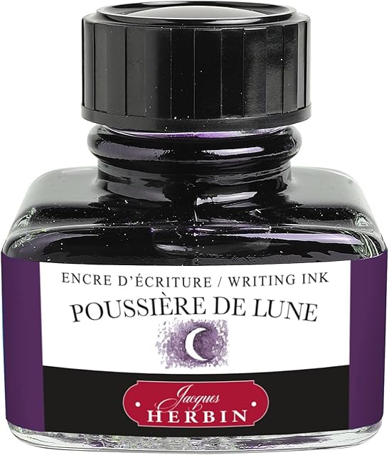 Jacques Herbin - Ref 13048T - Ink for Fountain Pens & Rollerball Pens - Poussière de Lune / Moondust Purple - 30ml Bottle with Integrated Pen Rest - Red-Coloured Ink