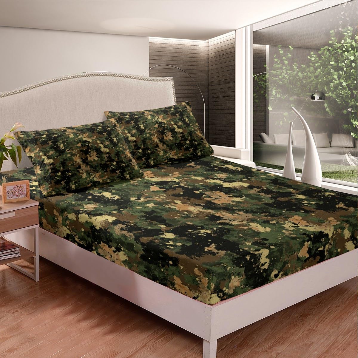 jejeloiu Camouflage Sheets with Deep Pocket Fitted for Girls Boys Kids Twin Size Camo Bed Cover Room Military Amry Decor Sheet Set Green Brown 3Pcs Soft Lightweight Microfiber