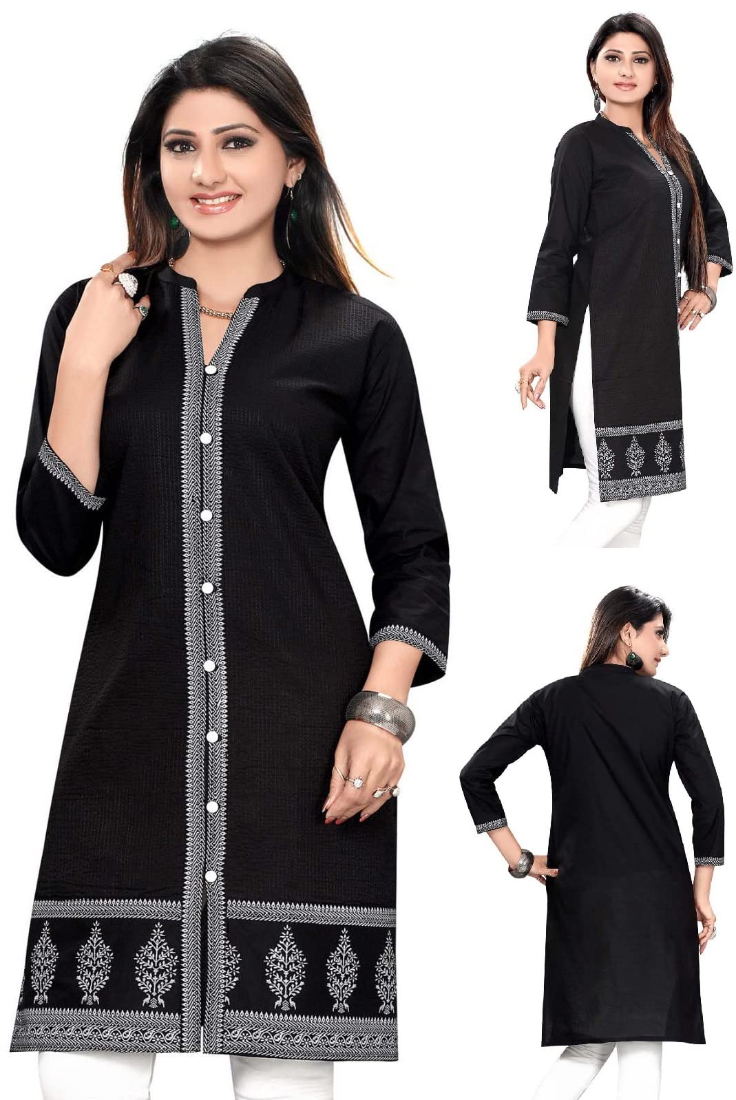 Kurti for Women - Indian Ethnic Kurti & Tunic Top, Stylish Casual, Party & Festive Wear Outfit Women Fashion Casual Black Cotton Kurti Tunic Shirt 386