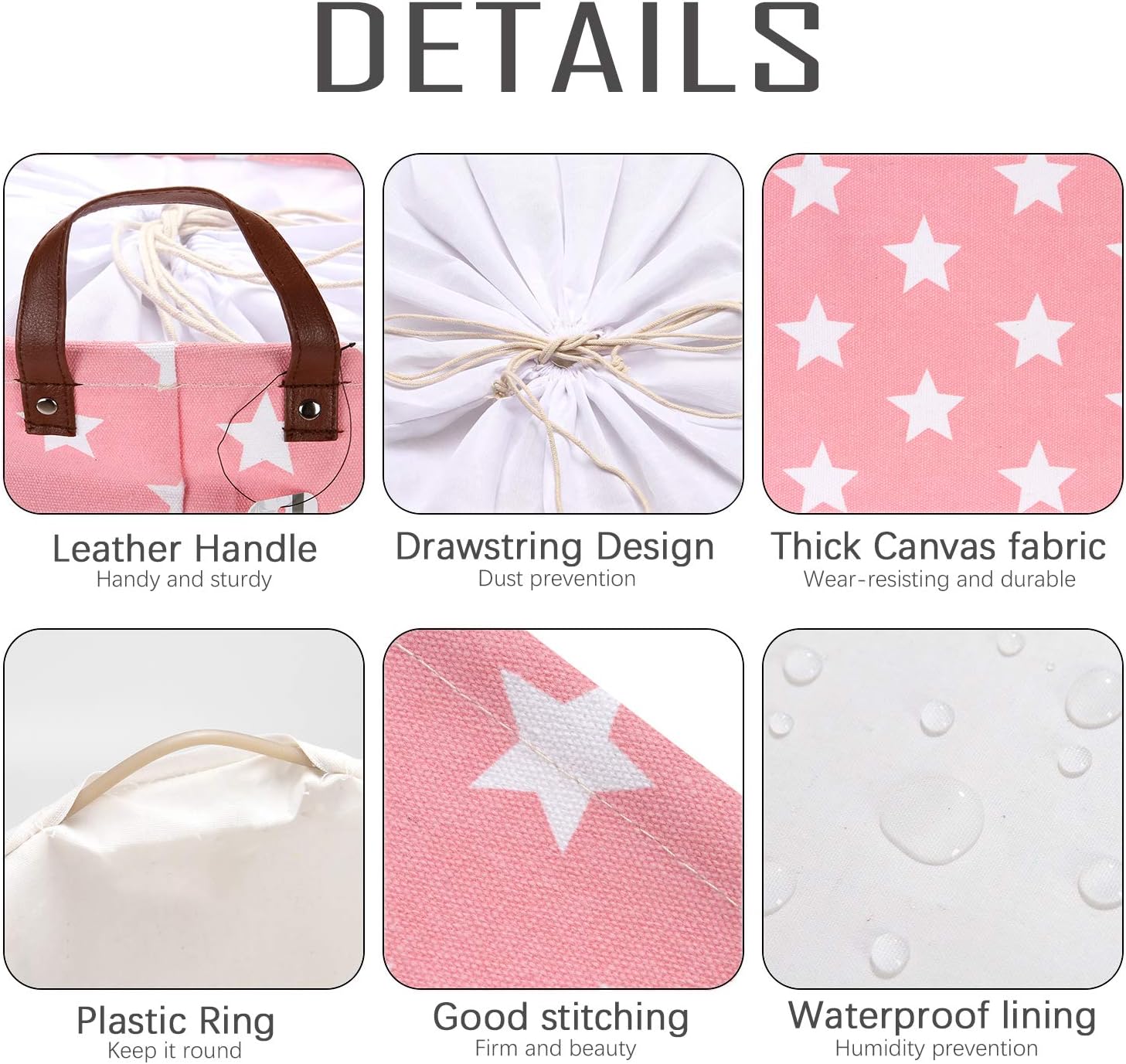 Sea Team Laundry Hamper Canvas Fabric Laundry Basket Collapsible Storage Bin with PU Leather Handles and Drawstring Closure (19.7"/Large, Star/Pink)