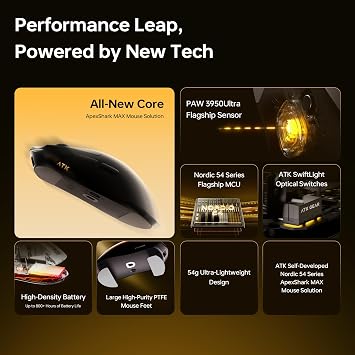 ATK Blazing Sky X1 V2 Ultimate Wireless Gaming Mouse, PAW3950 Ultra Sensor, DPI up to 42,000, 54g Lightweight, 8K Polling, 800 Hr Battery Life, All-New Nano Coating, Dual-Mode 2.4G/Wired - Black