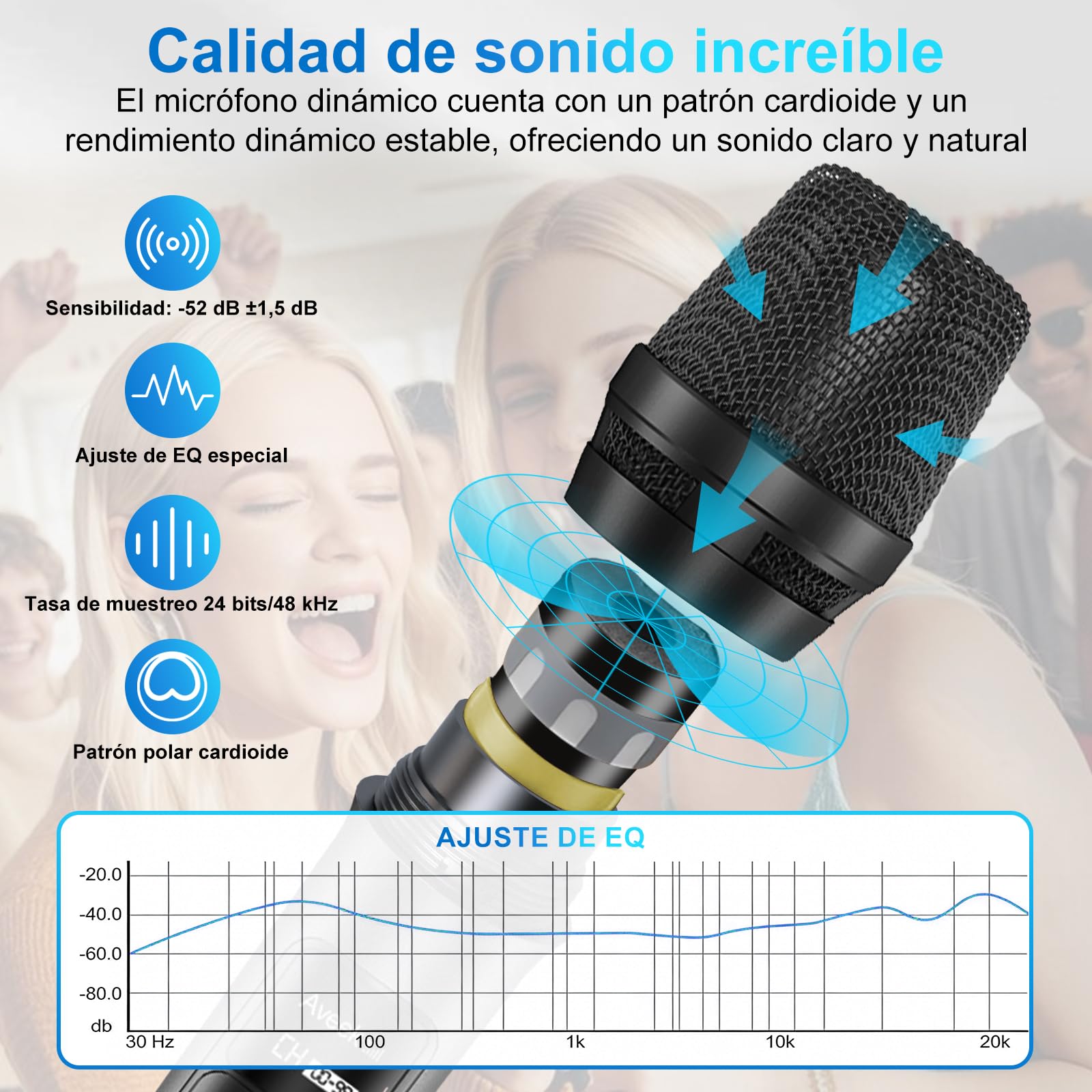 Aveek Sistema de Micrófono Inalámbrico con 4 Micrófonos de Mano Dinámicos, Alcance 80m, Batería 40 Horas, Sonido Estudio Baja Latencia para Karaoke, Canto, Discurso, Iglesia, Escenario, Boda, DJ