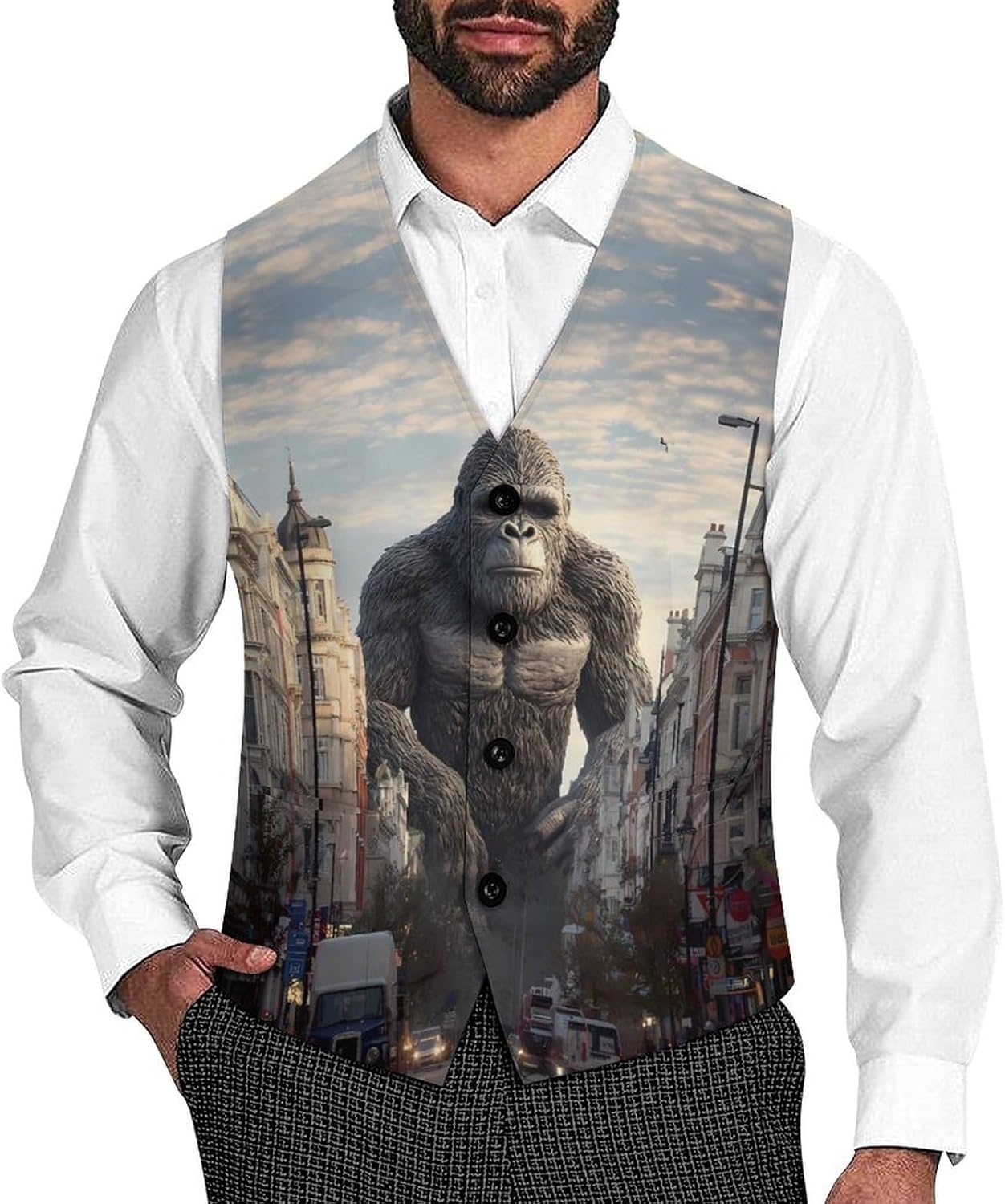 Bigfoot in London Street Mens Suit Vests V-Neck Casual Vest Dress Formal Tuxedo Wedding Waistcoat