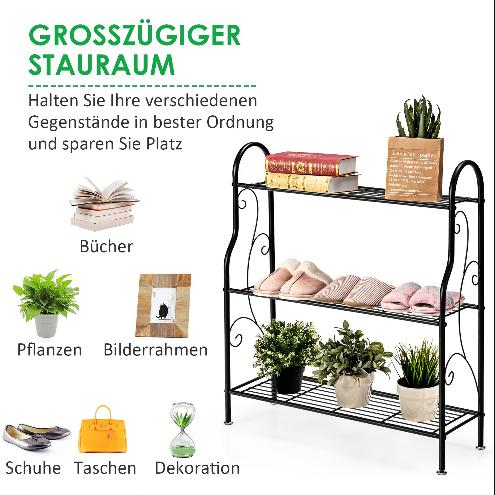 COSTWAY 3-stufige Metall Blumentreppe, Pflanzenständer Pflanzenregal Pflanzentreppe, Blumenregal belastbar bis 35 kg, Blumenbank für Garten Balkon Indoor Outdoor, Schwarz, 72 x 25 x 85 cm