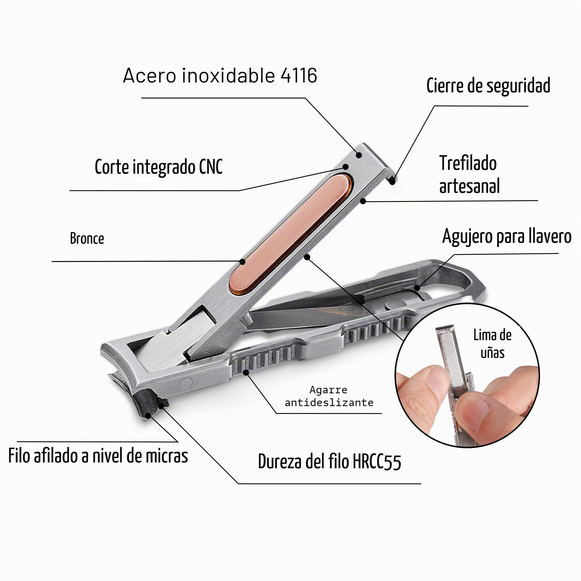 KeyUnity KN00 EDC Cortaúñas Plegable con Lima, cortaúñas Curvo, Acero Inoxidable alemán 4116 para Viajes y Transporte Diario