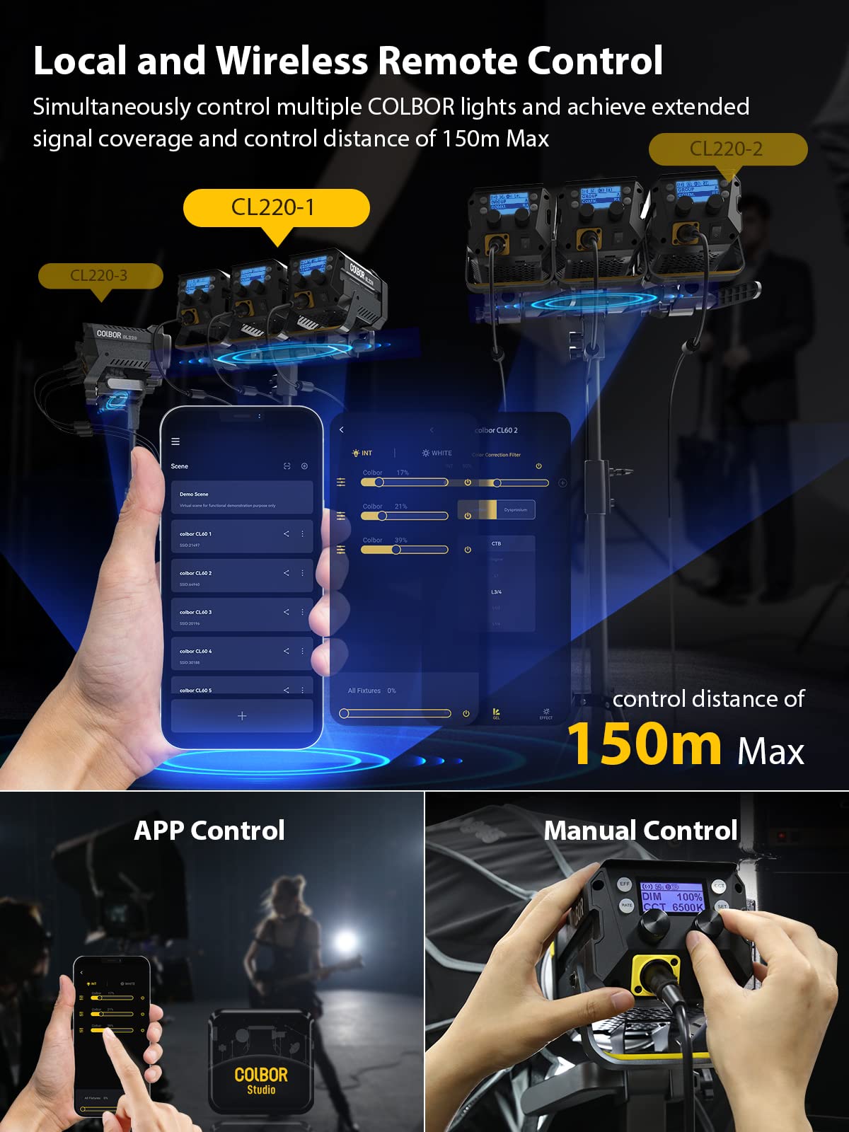 Luce Video, COLBOR CL220 PRO 220W Video Light Bicolore 2700~6500K CRI96+ 52700Lux@1m, COB Luce Studio con APP Attacco Bowens 10 Effetti di Illuminazione per Fotografia, LED-Luce-Video-Studio-Monoluce
