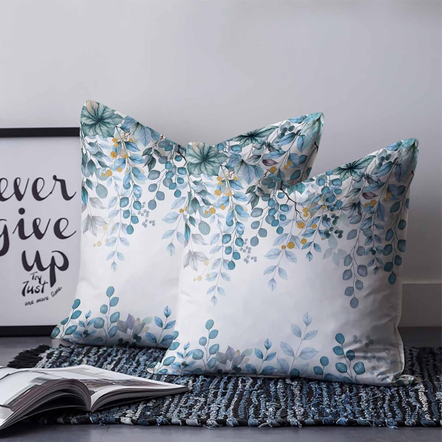 Throw Pillow Covers 20 x 20 Inches Set of 2 Watercolor Blue Eucalyptus Leaf and Branches Abstract Farmhouse Decorations Cushion Cover Zippered Square Pillowcase for Bedroom Living Room Sofa Couch