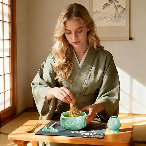 Miniatura 6 de Juego de batidor de matcha, cuenco de cerámica con boquilla, batidor y cuchara de bambú matcha, soporte para Chasen, soporte para cucharada, tamiz,