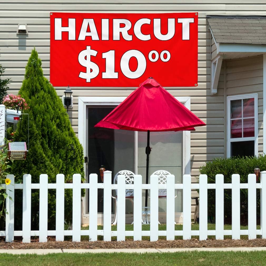 Vinyl Banner Multiple Sizes Haircut $10 Outdoor Advertising Printing Retail Outdoor Weatherproof Industrial Yard Signs Red 4 Grommets 24x36Inches