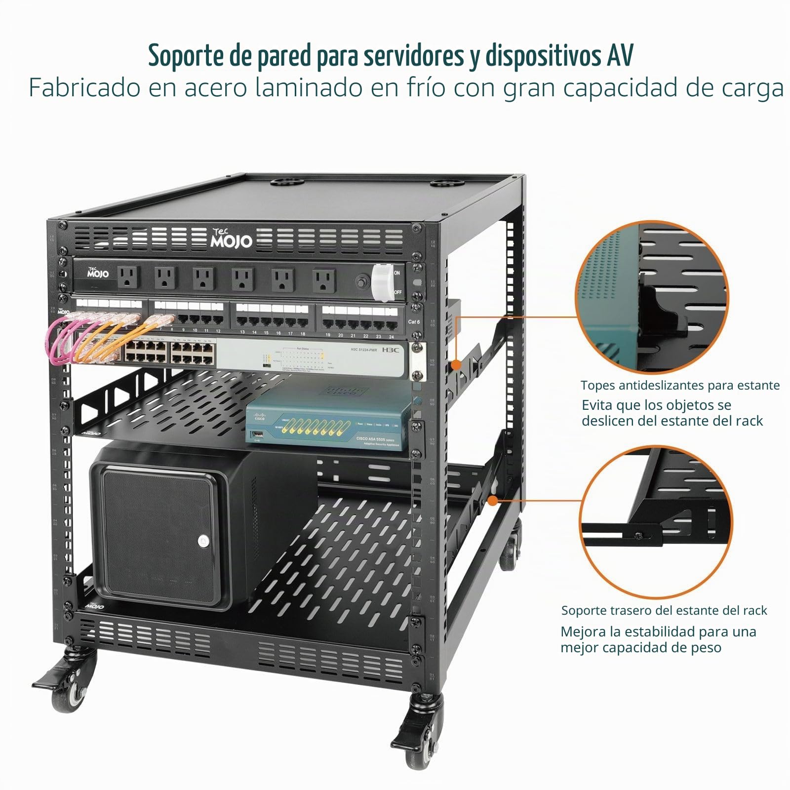 Tecmojo Estante de red de marco abierto de 12U, compatible con 19 pulgadas, de pie y montaje en pared, con 2 estantes de servidor de 1U y accesorios de montaje, estante de equipo AV y TI para oficina