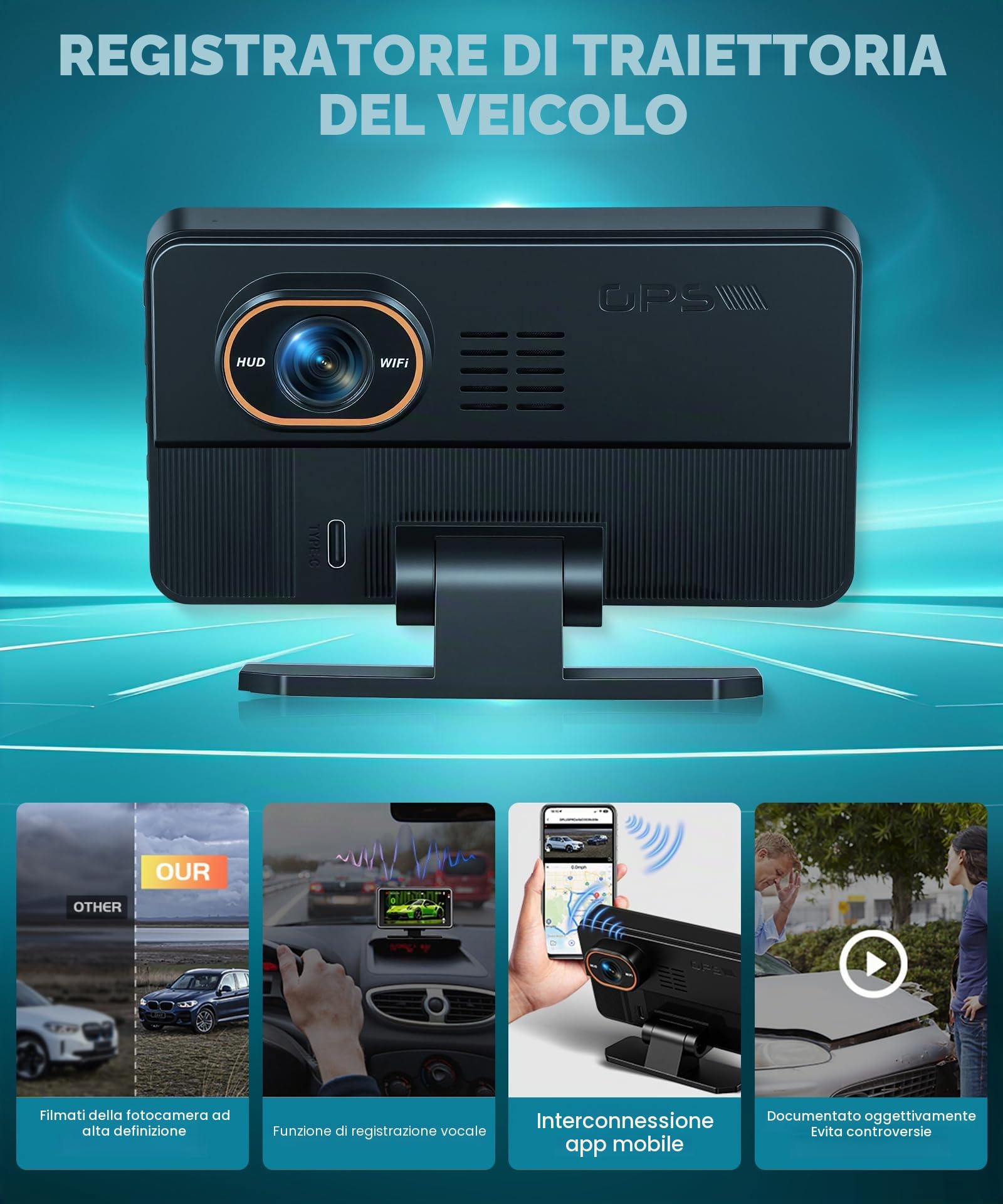 Rimoody WIFI Dashcam & Head Up Display per Auto, Head Up HUD Multifunzione Tachimetro Digitale Auto, 5 Pollici IPS Monitor Dash Cam con 1080P Fotocamera Frontale, Controllo APP/DVR/Loop Video