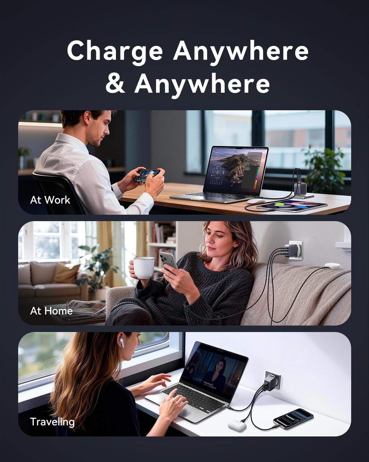 70W USB C Charger Block with Foldable Plug, VENTION 3 Ports GaN Wall Charger, PD Fast Charging Laptop Type C Charger Power Adapter for MacBook/iPad, iPhone 17/16/15/14, Galaxy, Android