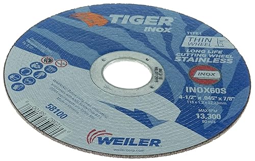 Miniatura 3 de Weiler 58100 Rueda de corte de 4-12 pulgadas, corte de alto rendimiento de acero inoxidable Tiger Inox sin contaminantes, eje INOX60S de .045
