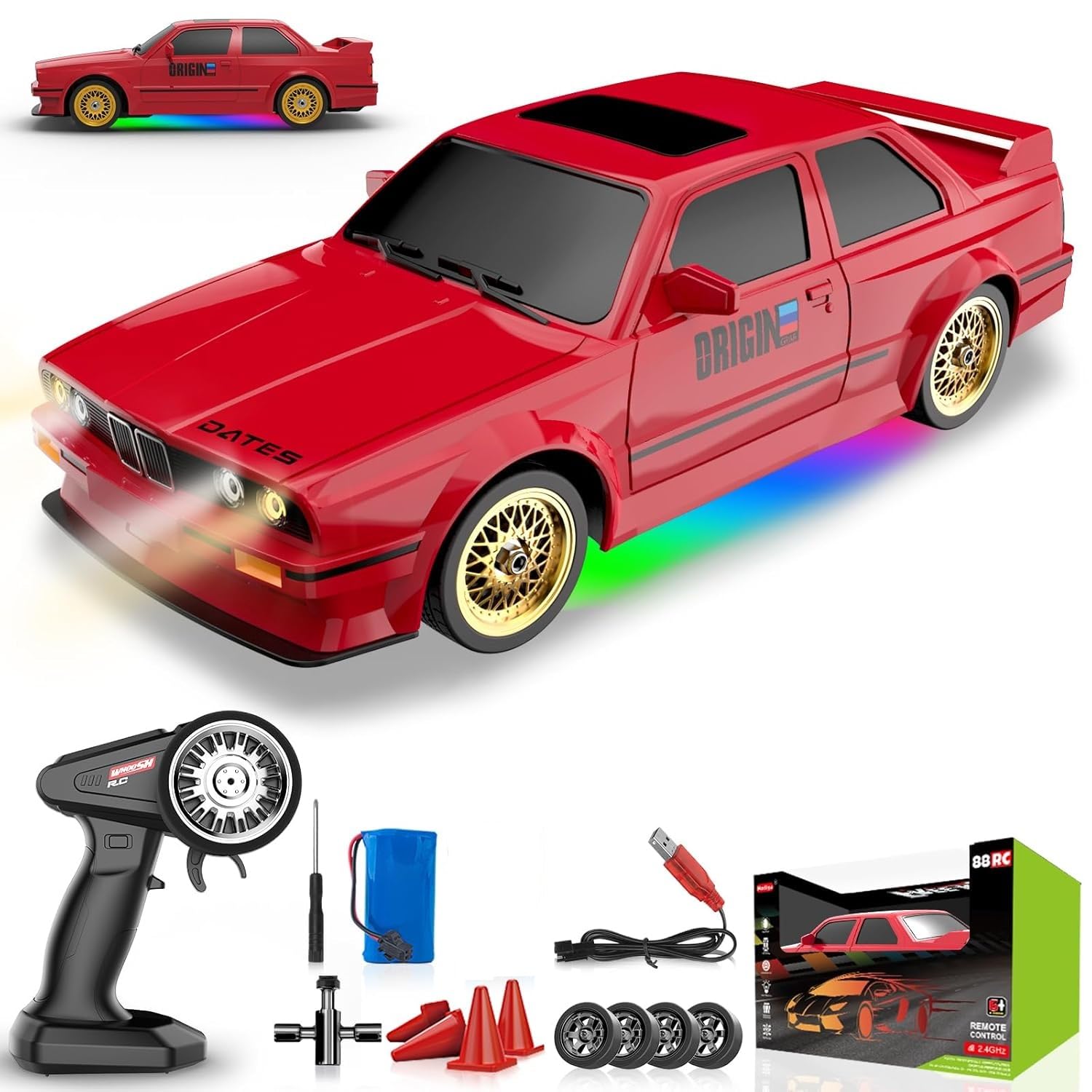RC Drift Car, 1:16 Scale Remote Control Car, 4WD 40KM/H High Speed RC Racing, 2.4GHz Electric Sport Driftings with Headlight, Drifting Tires and Racing Tires for Adults (B M W E30-RED)-image-16
