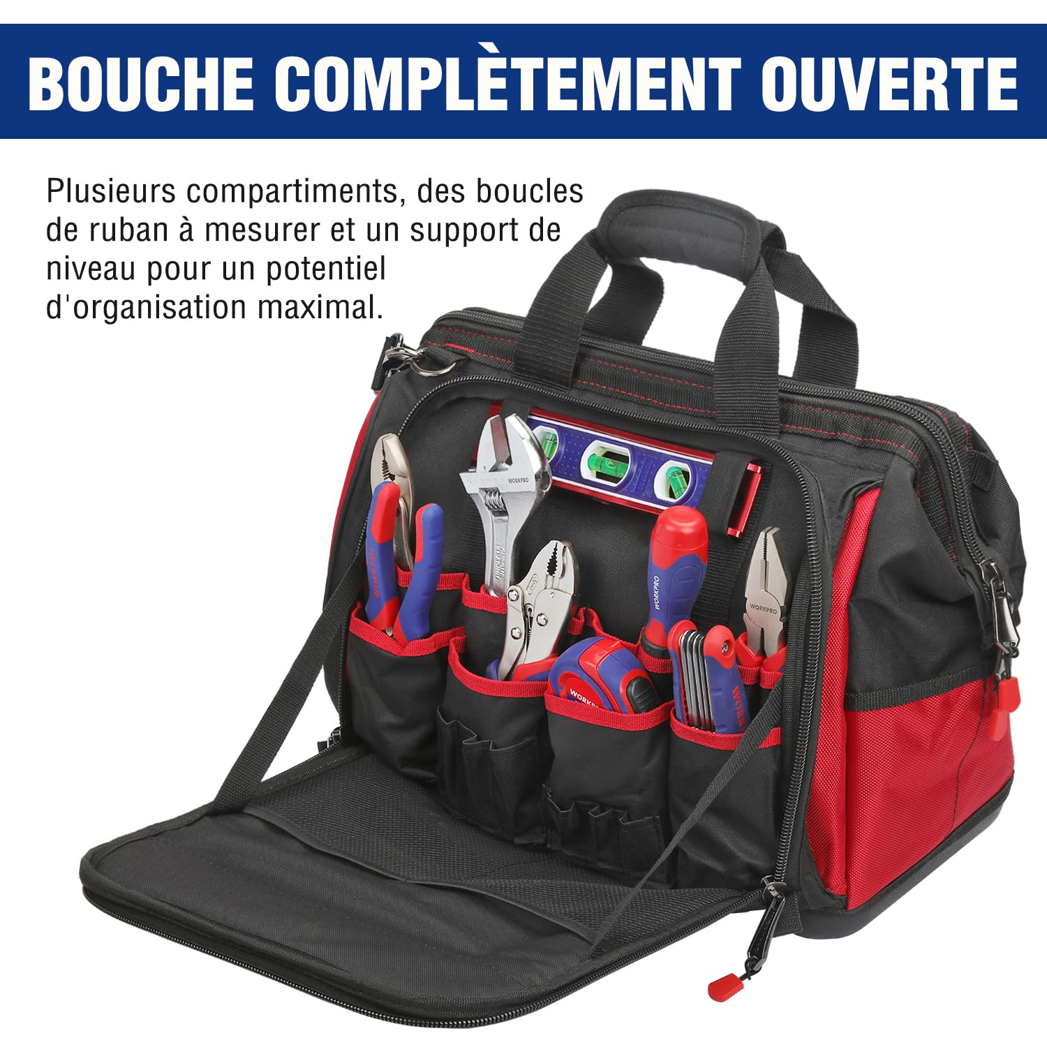 WORKPRO Sac à Outil avec 39 Poches 42 x 25 x 34 cm, Sac Porte-outils avec Grande Capacité, Fond Dur Etanche, Bandoulière Large Réglable, Zip Flexible, Charge Maximale 28 KG