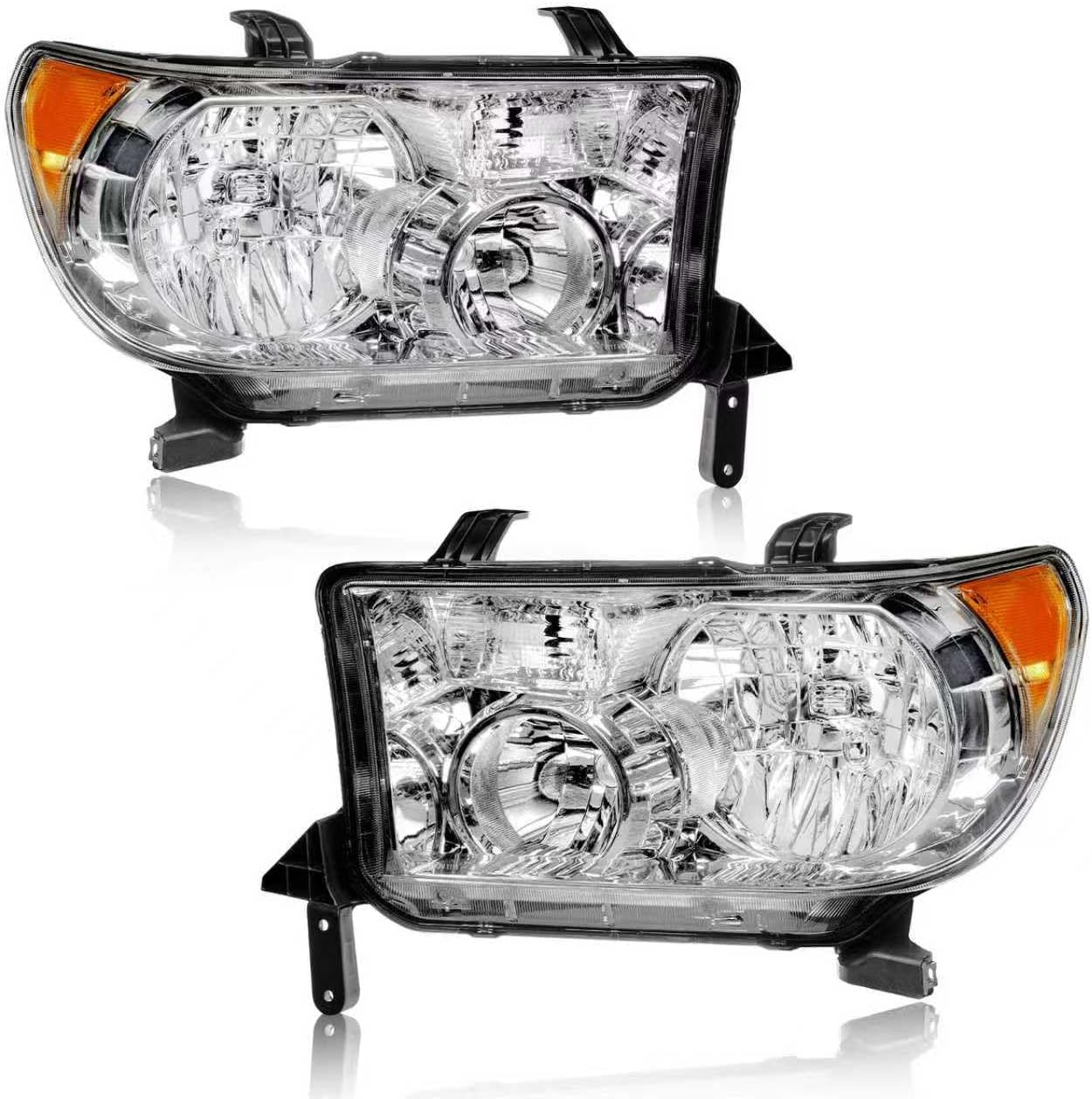 Headlights Assembly for 2007-2013 Toyota Tundra Compatible with 2008-2017 Toyota Sequoia 2PC Headlamps Chrome Housing Amber Reflector