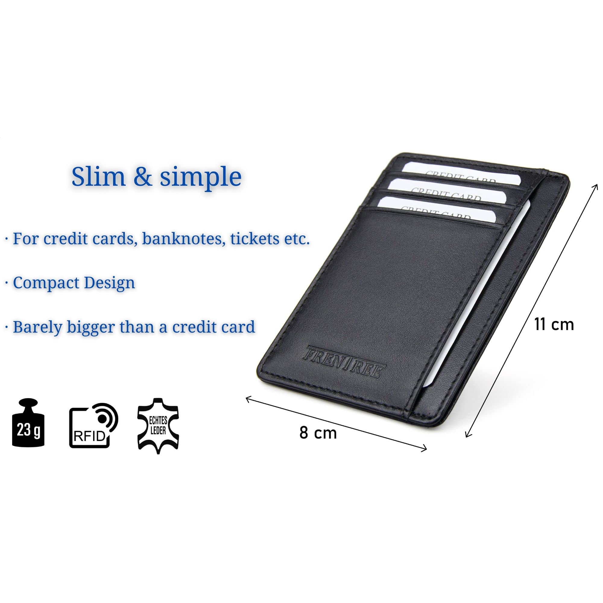 Frentree® Etui na karty ze skóry, bardzo cienkie, z ochroną RFID i okienkiem, minimalistyczna portmonetka na karty płatnicze i banknoty, czarny, Onesize, Minimalistyczny