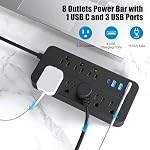 Power Bar, Power Strip Surge Protector with 8 Outlets & 3 USB Ports & 1 Type-C Port (5V/3A), Angled Flat Plug, Spaced Outlets & ETL Listed Power Outlet for Home Office - Black