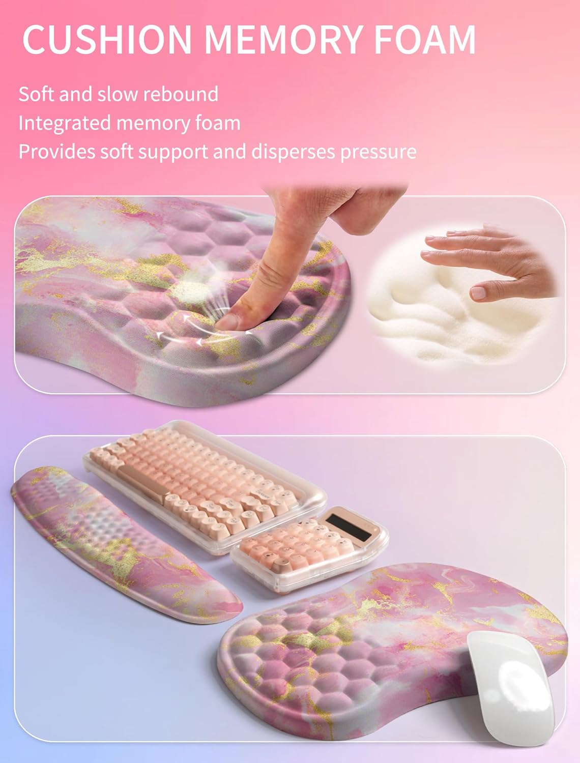Hokafenle 2in1 Combination, Wave Keyboard Wrist Rest and Ergonomic Curvature Mouse Pad Wrist Support for Relieve Wrist Pain, Filled with Soft Cushion Memory Foam, Golden Pink Marble - Image 4