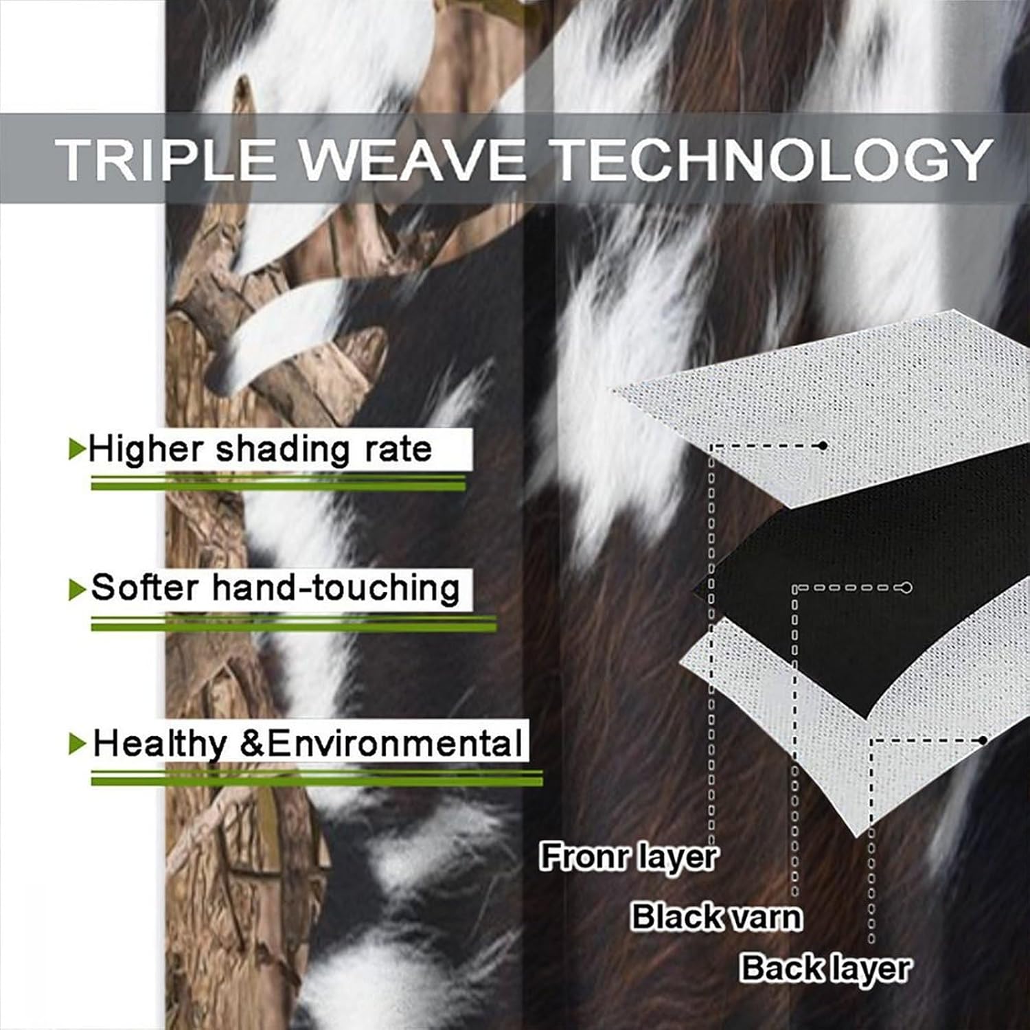 Rustic Deer Curtain,Rustic Western Farmhouse Cowhide Animal Fur Print Window Treatment Curtains for Kitchen Bedroom Cafe Dining Room Office Living Room Drapes, 52x84 in