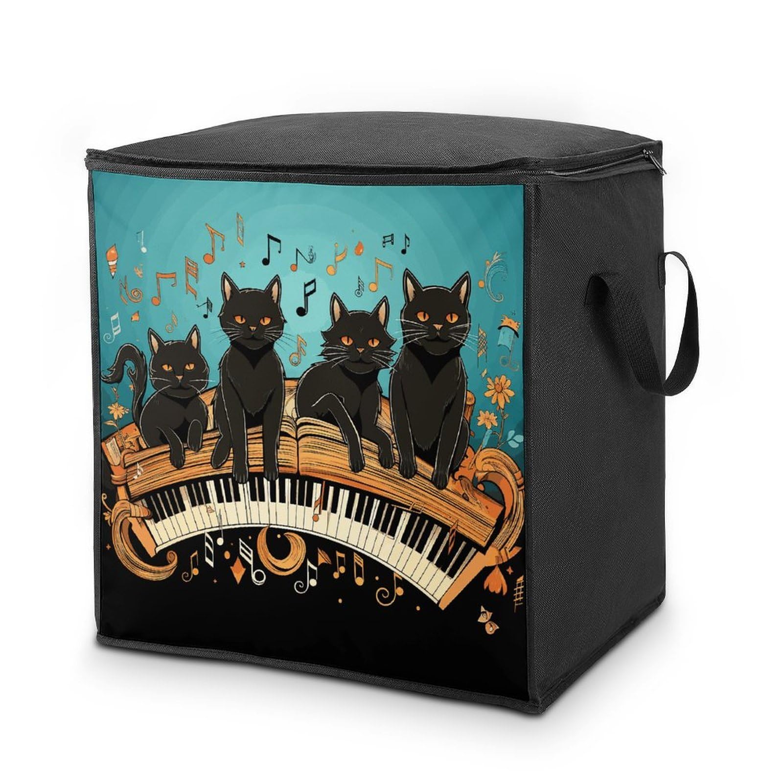 Fekiloot Style Four Black Cats Lying On The Piano Keyboard Storage Bags With Reinforced Handles,Moving Bag With Zipper,Closet Organizers,Compression Packing Cubes